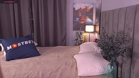 Media: Video of a cozy bedroom with a beige bed, gray curtains, a \"MOSTBET\" pillow, and a tall lamp on a nightstand, featuring a sunset painting and a vase of greenery.