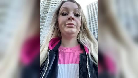 Media: Video of a young, smiling Caucasian woman with long blonde hair, wearing a pink and white striped sweater under a black jacket, standing in front of tall, modern glass buildings.