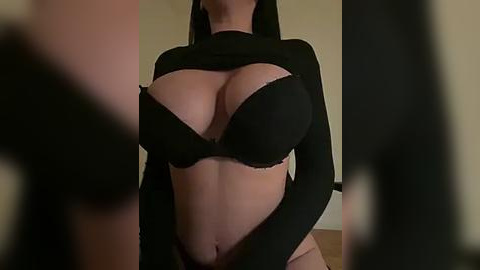 Media: Video of a woman in a black, long-sleeve crop top, revealing ample cleavage and black bra, indoors with blurred background.