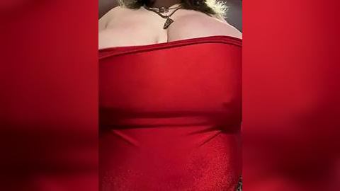 Media: A close-up video of a woman in a tight, red, strapless dress, showcasing her ample cleavage and a small necklace. The background is a solid red, emphasizing the dress's color.