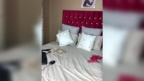 Media: Video of a modern bedroom with a tufted, pink headboard, beige bedspread, white pillows, a black mouse, and a red garment on the floor.