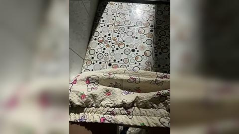 Media: Video of a tiled bathroom floor with intricate patterns, partially covered by a white, quilted blanket with Hello Kitty designs. The room is dimly lit, creating a cozy atmosphere.