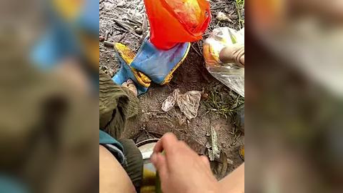 Media: A video shows a person using a metal brush to clean a blue plastic bag filled with garbage, surrounded by dirt and scattered items on a grassy area.