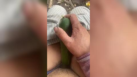 Media: A close-up video of a person's hand holding a green cucumber between their fingers, wearing a grey-striped shirt, with blurred out faces in the foreground.