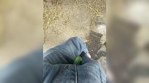 Media: A video showing a person's legs and feet in blue jeans walking on a dirt path, with dried grass and a stone wall in the background.