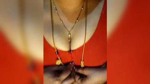 Media: A close-up video shows a person wearing a red shirt, with three gold necklaces featuring small pendants. The background is blurred, emphasizing the accessories.