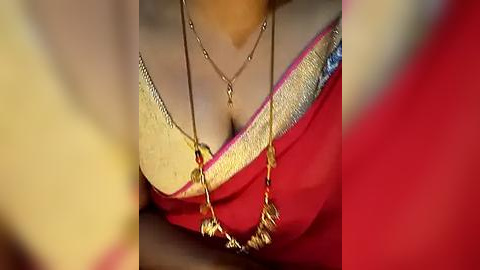 Media: A video showing a close-up of a woman's chest in a red saree with gold trim, adorned with a gold necklace and pendant. The background is blurred, emphasizing the saree's vibrant colors and intricate details.