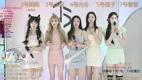 Media: Video of five young Asian women in pastel-colored dresses, holding microphones, standing against a white backdrop with text in Chinese, promoting a singing competition.