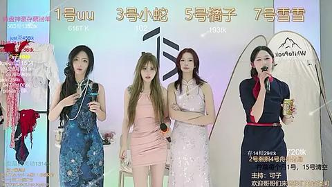 Media: Video of four Asian women in various outfits, including a blue floral dress, pink mini dress, black lace dress, and a navy blue dress, with a background of Chinese text.