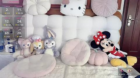 Media: Video of a plush bed with white, pink, and gray pillows, featuring Minnie Mouse, Hello Kitty, and two stuffed animals. Background includes a wooden headboard and a clock displaying 2:11.