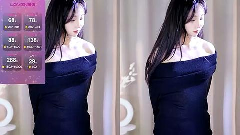 Media: Video of a young Asian woman with long black hair, wearing a dark off-shoulder dress, standing in front of a beige curtain. A temperature gauge overlay shows her body temperature fluctuating between 68-78 degrees Fahrenheit.