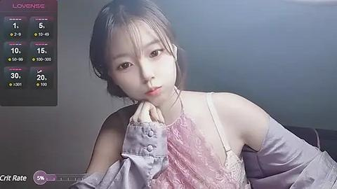 Media: A video of an East Asian woman with short brown hair, wearing a pink lace bra and a lavender shirt, against a dimly lit background, displaying a live stream overlay with chat and viewer count.