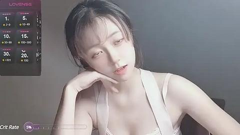 Media: A young Asian woman with straight, dark hair, light skin, and a slender physique, wearing a white tank top, sits with a pensive expression, her chin resting on her hand. A weather forecast overlay shows \"LoverBee\" and \"CuteBee\" on the left.