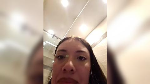 Media: Video of a young woman with light skin, brown hair, and visible facial freckles, taken from a low angle. She is smiling and looking directly at the camera. Background shows a tiled bathroom with overhead lights.