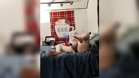 Media: A blurry video of a person in a red plaid shirt lying on a bed with blue sheets, surrounded by clothes and a red wall with a \"HO HO HO\" sign.