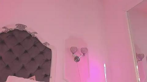 Media: Video of a pink-walled bedroom with a tufted black velvet headboard, ornate silver sconce with twin candleholders, and a large mirror reflecting part of the room.