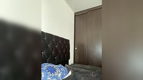 Media: Video of a modest bedroom with a black tufted headboard, blue patterned bedspread, and wooden wardrobe. The room's walls are painted white, and the lighting is natural.