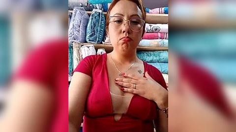 Media: Video of a woman with fair skin and glasses, wearing a red dress, touching her chest, surrounded by colorful, neatly folded towels in a well-organized bathroom.