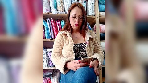 Media: Video of a woman with glasses, fair skin, and brown hair, seated in a fabric store. She wears a beige cardigan over a black zebra-patterned top and blue jeans. Background: shelves filled with colorful fabrics.