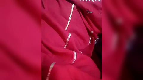 Media: Video of a red jacket with white piping and zippers, slightly blurred in the foreground, showcasing the jacket's texture and design details.