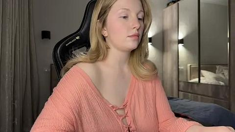 Media: Video of a young, fair-skinned woman with shoulder-length blonde hair, wearing a peach off-shoulder top, sitting at a gaming chair in a dimly lit bedroom.