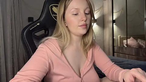 Media: Video of a fair-skinned, blonde woman in a pink zip-up hoodie, sitting on a gaming chair, in a softly lit bedroom with a bed and wall-mounted light.