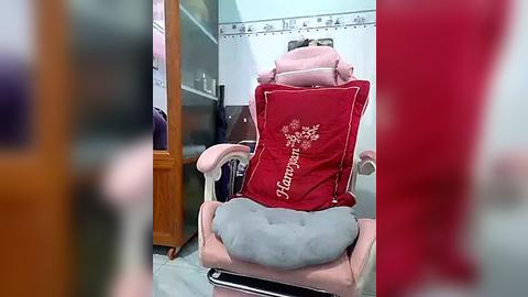 Media: Video of a cozy, festive indoor scene: a plush, pink chair with a gray cushion, topped with a red pillow featuring a snowflake design. Background includes a wooden dresser, a mirror, and a wall with a decorative border.