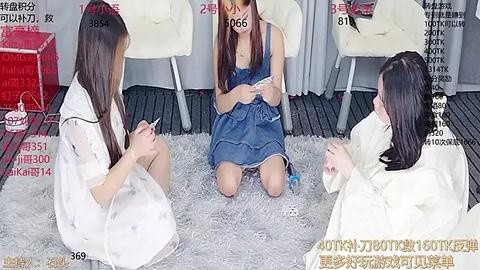 Media: A video of three women in casual attire, kneeling on a fluffy white rug in a modern room. Text overlays with Chinese characters are present.