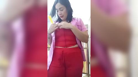 Media: Video of a young woman with medium skin tone and black hair, wearing a red jumpsuit and pink shirt, adjusting her bra in a bathroom with a red carpet.