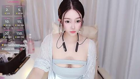 Media: Video of an East Asian woman with fair skin, dark hair, wearing a light grey off-shoulder top, headphones, and a white cardigan, sitting in a modern, well-lit room with a white background and digital streaming interface overlay.