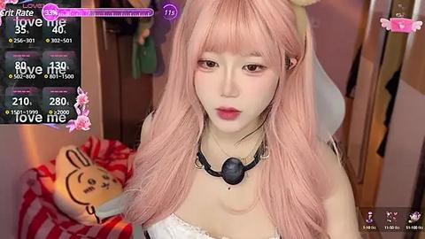 Media: Video of a young Asian woman with long, pastel pink hair, wearing a black choker, white dress, and a plush rabbit.