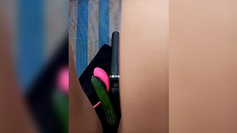 Media: Video of a person's arm holding a black and pink vibrator, positioned between two vertical beige walls with blue and grey striped fabric.