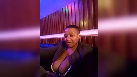 Media: Video of a Black woman with short hair, medium skin tone, large breasts, wearing a black jacket and unzipped black top, seated in a dimly lit room with purple and blue lighting, wooden paneling, and blurred figures in the foreground.