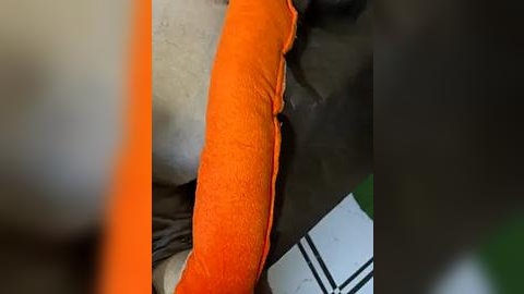 Media: A close-up video of an orange fabric cushion with a textured surface, partially covering a beige pillow. The background includes a black and white tile pattern.