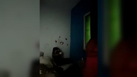 Media: A dimly lit video of a cluttered, sparsely furnished room with a red chair, blue wall, and a white door with a green window. The scene appears worn and neglected.