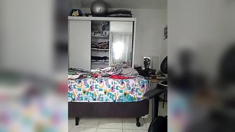 Media: A video of a cluttered, messy bedroom with a colorful bedspread, open closet revealing disorganized clothes, and a desk with a computer and monitor.