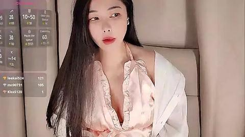 Media: Video of an East Asian woman with long black hair, wearing a pink satin blouse, sitting in a beige chair, with a digital display showing weather information in the background.