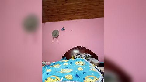 Media: Video of a pink-walled bedroom with a wooden ceiling, featuring a zebra-patterned bedspread, a blue pillow, a straw hat, and a small stuffed animal hanging on the wall.