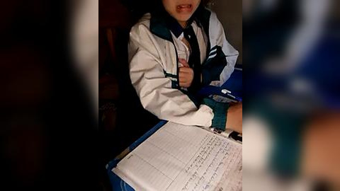 Media: Video of a young Asian girl in a white jacket with blue trim, holding a pencil, studying a notebook with handwritten text. Background is blurred, showing a dimly lit room with a blue table and a partially visible person.