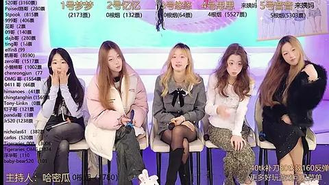 Media: Video of five young Asian women, dressed in stylish, casual outfits, seated on stools in front of a stage with Chinese text.