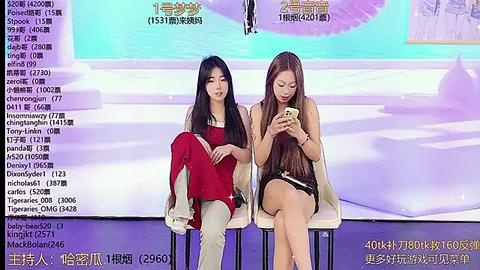 Media: Video of two young Asian women, one in red, the other in black, sitting on modern white chairs, focused on smartphones, in a brightly lit, minimalist room with Chinese text and numbers on the screen.