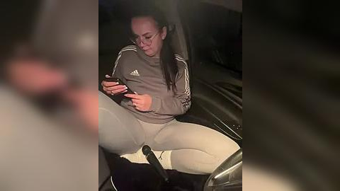 Media: A video captures a woman in a dark car, wearing glasses, a grey Adidas jacket, and white leggings, intently using a smartphone. The background is dimly lit, and the image is slightly blurry.