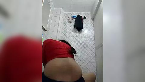 Media: A video of a woman wearing a red crop top, bent over in a small, tiled bathroom with a white door, a black towel, and a blue bottle on the floor.