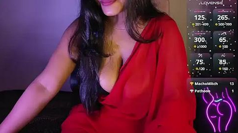 Media: A video of a woman with long dark hair, wearing a revealing red dress, sitting in a dimly lit room with a TV screen displaying various channels.