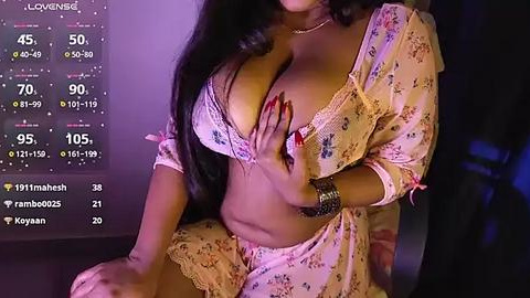 Media: Video of a voluptuous, light-skinned woman with long, dark hair, wearing a low-cut, floral nightgown, revealing ample cleavage, in a dimly lit room, with a temperature gauge on the left.