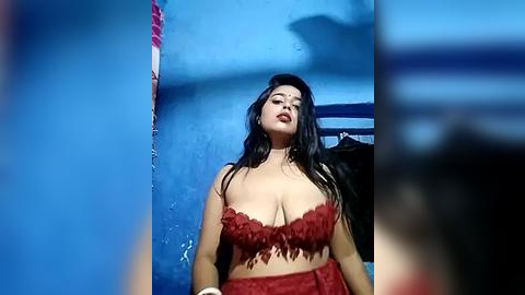 Media: Video of a Latina woman with long black hair and medium skin tone wearing a red lace bra and skirt, standing in a blue-walled room with a shadowy figure in the background.