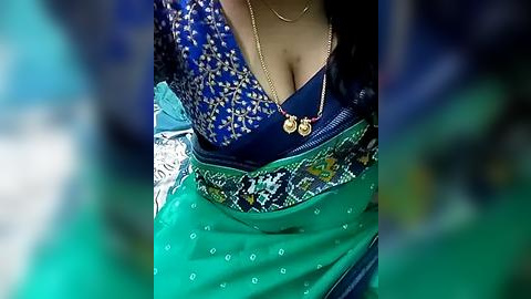 Media: Video of a woman wearing a blue and green sari with intricate embroidery, adorned with gold jewelry. The background is blurred, emphasizing the sari's vibrant colors and intricate design.