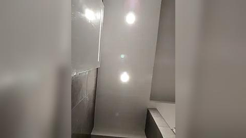 Media: Video of a modern, minimalist bathroom ceiling with three bright, circular lights, smooth white walls, and a dark gray tile accent on the left.