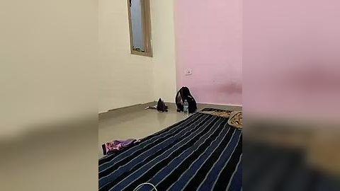 Media: A video of a minimalist room with a pink wall, a black and white striped rug, a beige floor, and a brown bag on the floor.