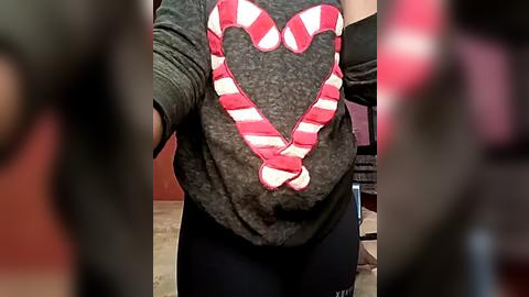 Media: A video of a person wearing a gray long-sleeve shirt with a red and white striped heart design. They are also wearing black leggings. The background shows a blurred room with a wooden floor and a brown wall.